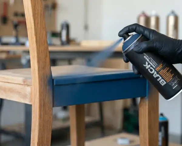 Main d'une personne portant un gant noir en train de peindre un meuble en bois avec une bombe de peinture bleue.