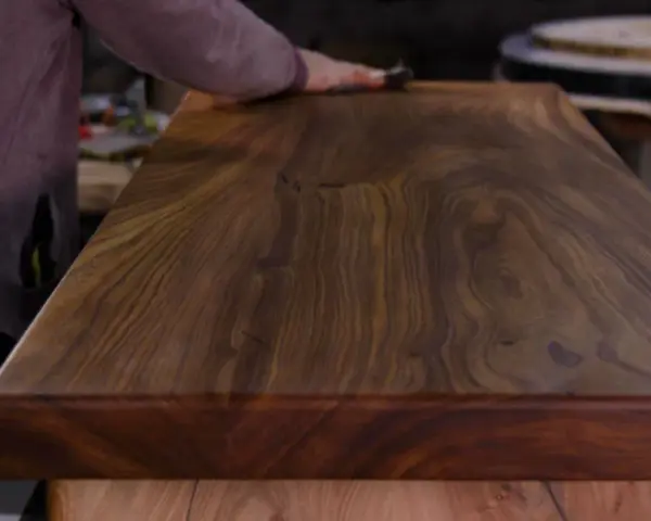 Un artisan polit un meuble en bois de noyer, révélant la beauté du grain. L'essence de térébenthine est utilisée pour faire ressortir la richesse du bois.