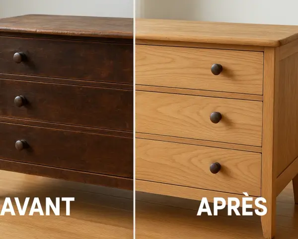 Avant/Après : une commode en chêne sombre transformée en meuble clair après avoir été décaper.