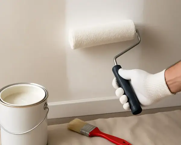 Main blanche avec rouleau et pot de peinture. Des traces de peinture murale apparaissent sur le mur.