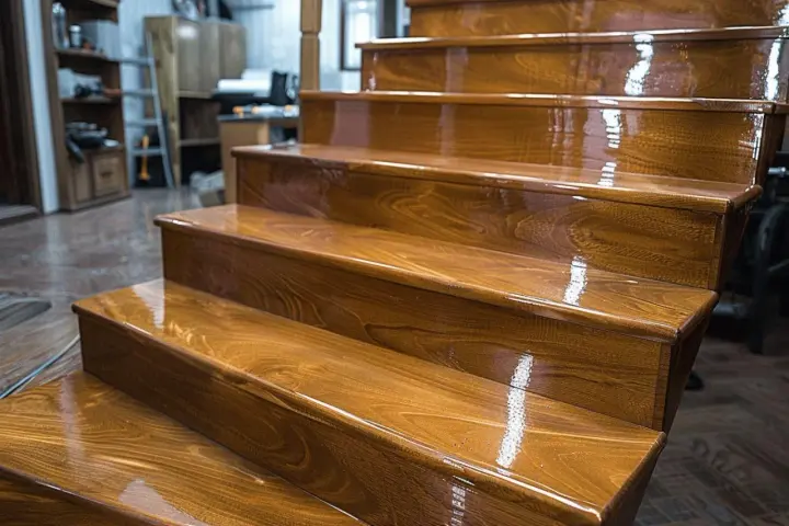 Escalier en bois au fini brillant, reflétant la lumière. La vitrification de l'escalier lui donne un aspect lustré et protecteur.