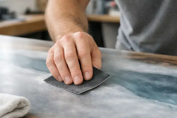 Main d'artisan ponçant une surface pour peindre sur du vernis. La poussière fine indique le travail de préparation.