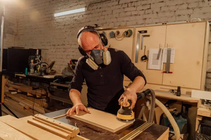 Un artisan apprend comment utiliser une ponceuse pour lisser une planche de bois. Il porte un masque et des écouteurs pour sa sécurité.