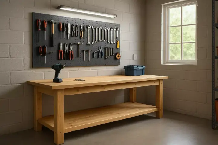 Un établi de garage en bois, prêt pour vos projets. La dimension parfaite pour organiser vos outils sur le panneau perforé.