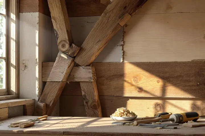 Atelier de menuiserie, outils et copeaux de bois sur un établi, près d'une fenêtre baignée de soleil. Le traitement des poutres anciennes est visible en arrière-plan.