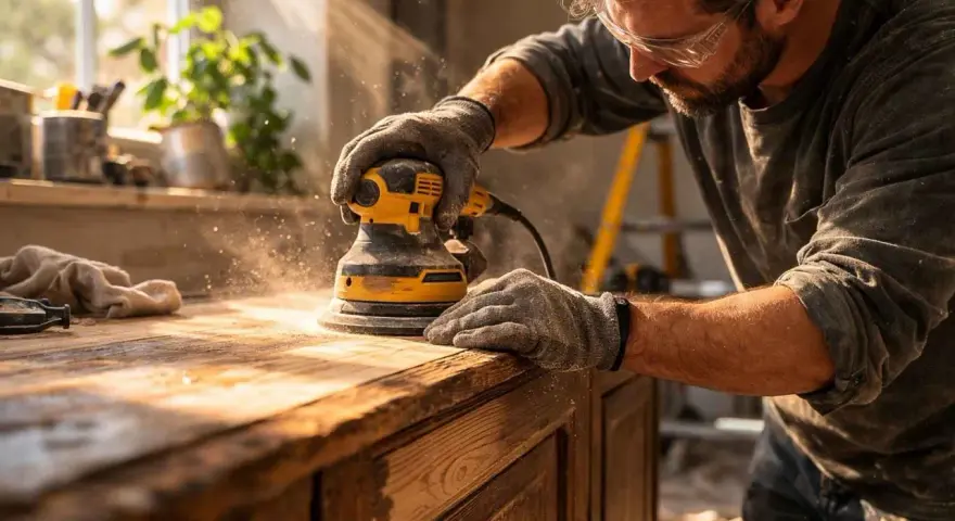 Un artisan utilise une ponceuse pour décaper un meuble en bois, soulevant un nuage de poussière.