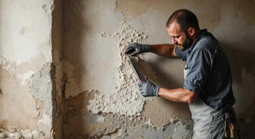 Un homme enlève un crépi intérieur abîmé avec une spatule. Il porte des gants et une salopette.