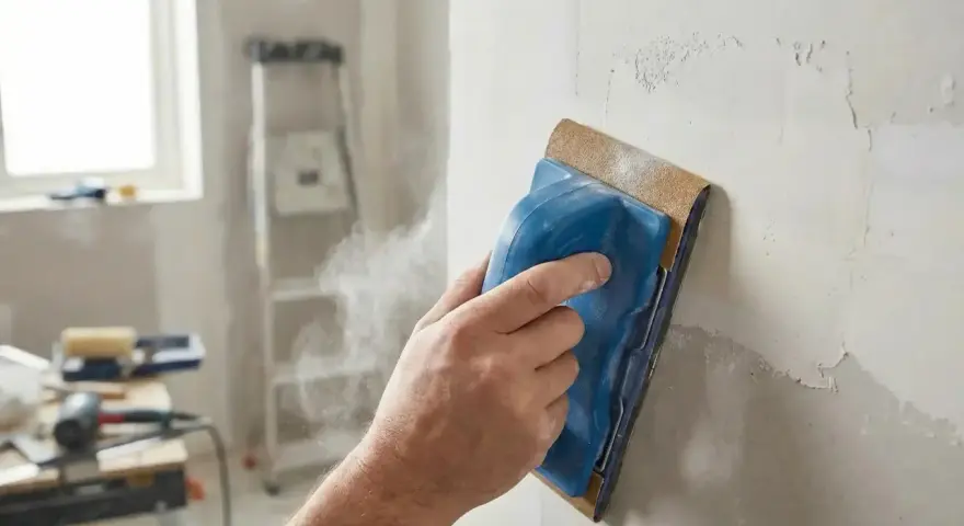 Main d'un artisan ponçant un mur en placo avec un grain adapté pour un fini lisse. La poussière s'envole.