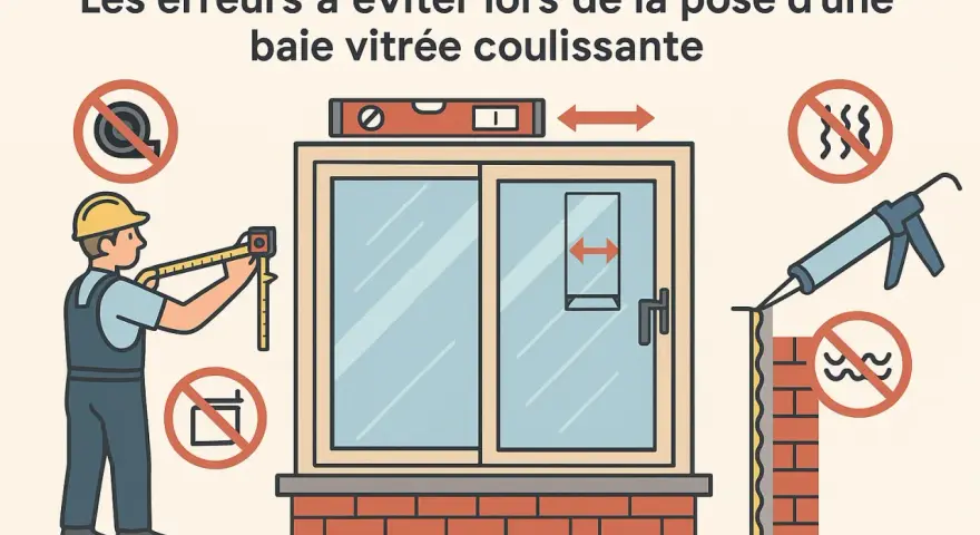 Un ouvrier mesure la hauteur d'ouverture d'une porte coulissante. Des symboles indiquent des erreurs à éviter lors de la pose.