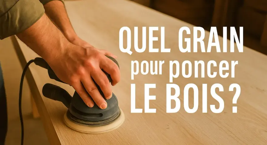 Main ponceuse orbitale sur une table en bois. La question "Quel grain pour poncer le bois ?" s'affiche en blanc.