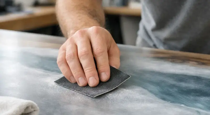 Main d'artisan ponçant une surface pour peindre sur du vernis. La poussière fine indique le travail de préparation.