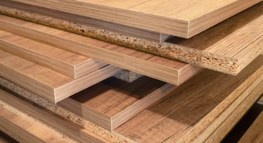 Pile de panneaux de bois, certains avec un placage imitant le bois, d'autres montrant leur cœur granuleux. Les inconvénients du bois MDF incluent sa sensibilité à l'humidité.