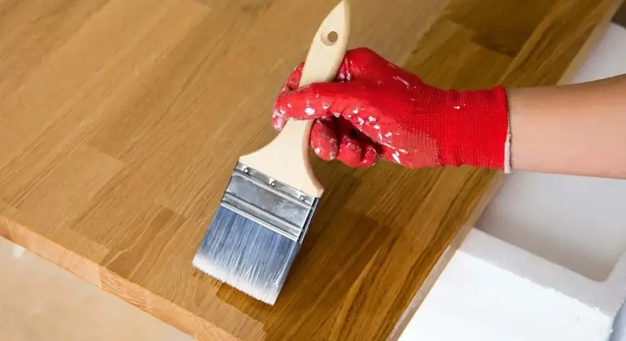 Application d'huile de lin sur un plateau en bois de douglas. La main gantée de rouge applique le produit avec un pinceau.