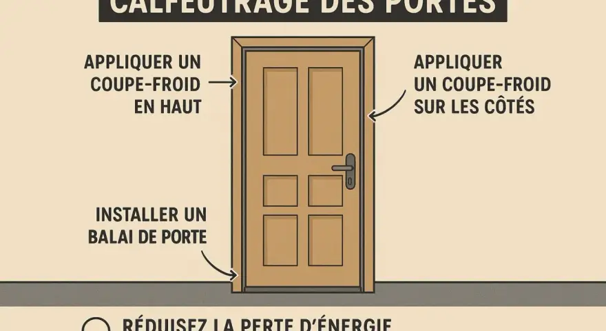 Illustration montrant comment isoler une porte : appliquer un coupe-froid en haut et sur les côtés, installer un balai de porte pour réduire la perte d'énergie.