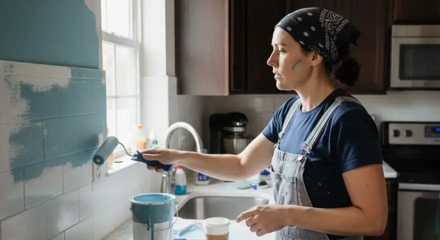 Une femme en salopette repeint sa cuisine avec un rouleau bleu pâle. La transformation de la cuisine repeinte est en cours.