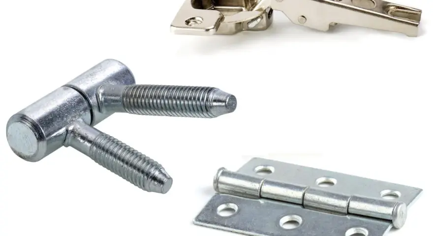 Trois types de charnières pour meuble : une charnière de placard, une charnière à vis et une charnière plate.