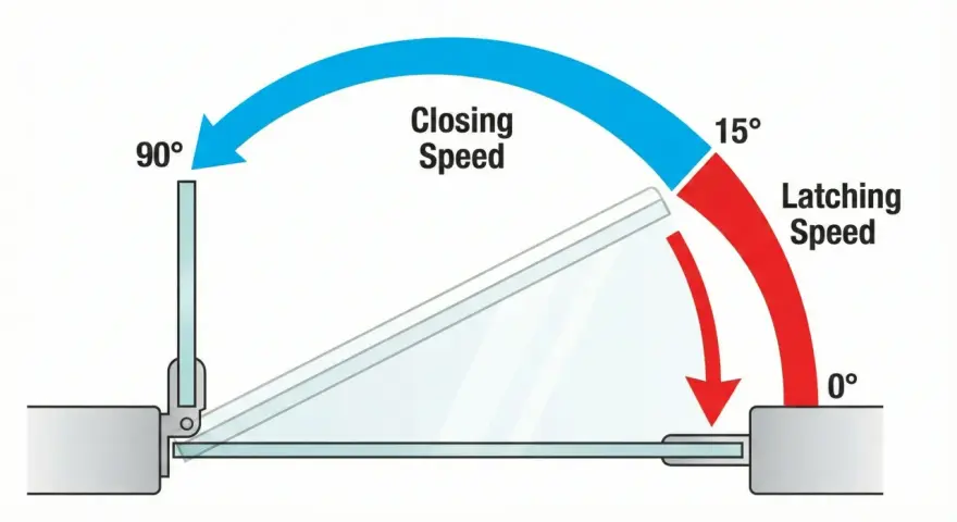 Illustration du réglage ferme porte : vitesse de fermeture (90° à 15°) et vitesse d'enclenchement (15° à 0°).