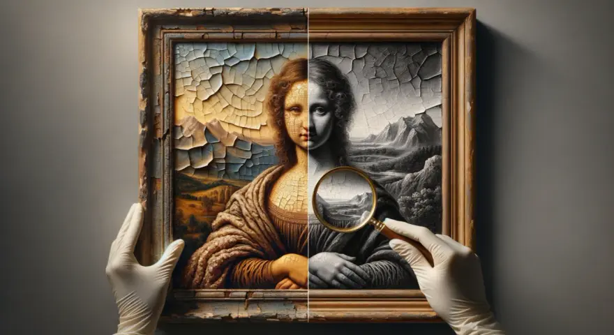 Mona Lisa divisée, moitié en couleur, moitié en noir et blanc, sous une loupe. La craquelure de la peinture révèle une technique de peinture ancienne.