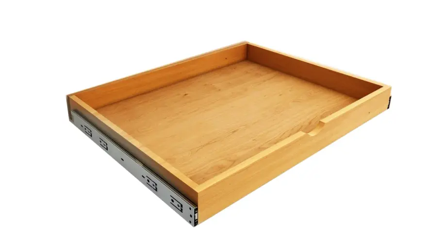 Un tiroir coulissant en bois, prêt à être assemblé. Ses glissières métalliques sont déjà fixées.
