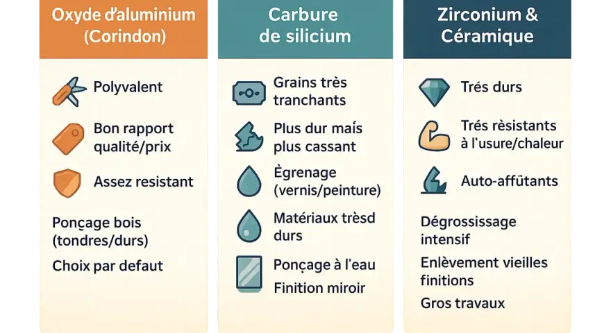 Comparaison des grains abrasifs : oxyde d'aluminium (polyvalent, bon pour ponçage bois), carbure de silicium (tranchant, pour vernis/peinture) et zirconium/céramique (très dur, gros travaux).