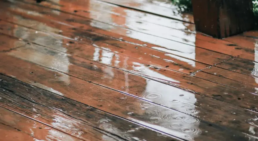 Pluie sur un bois brun, saturateur pas sec, créant des reflets et des ronds dans l'eau.