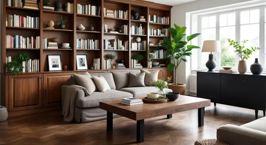 Salon cosy avec bibliothèque en bois, mélange bois clair et bois foncé. Canapé gris, table basse en bois, plantes vertes.