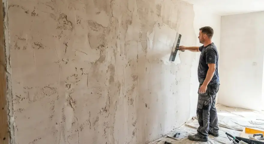 Un ouvrier applique du plâtre sur un mur avec une truelle, prêt à gratter le mur pour une finition lisse.
