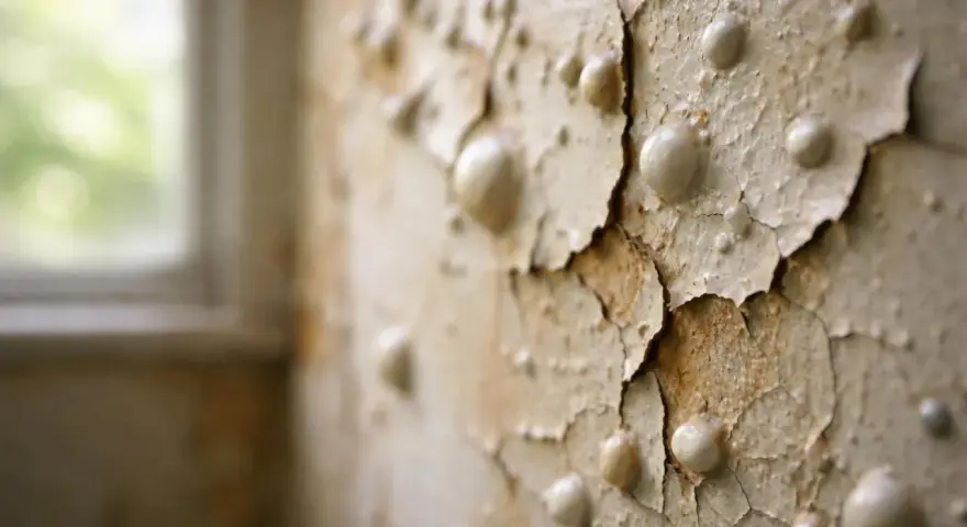 Peinture qui cloque sur un mur extérieur, révélant des bulles et des fissures, signe de dégradation.