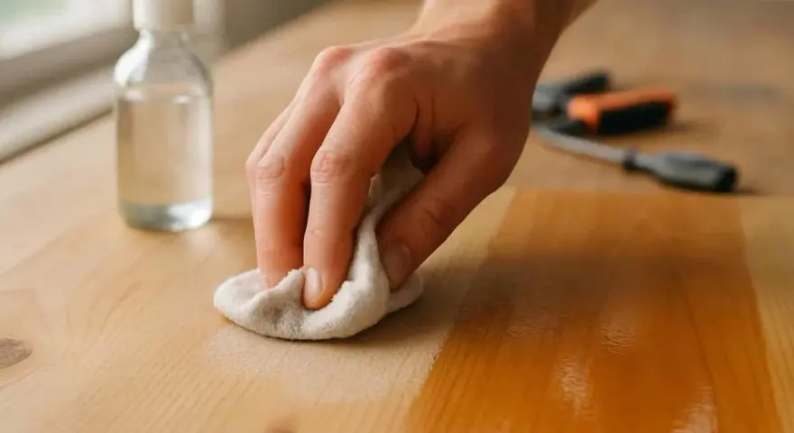 Main d'une personne utilisant un chiffon pour enlever le vernis bois naturellement. Une bouteille de liquide est à côté.