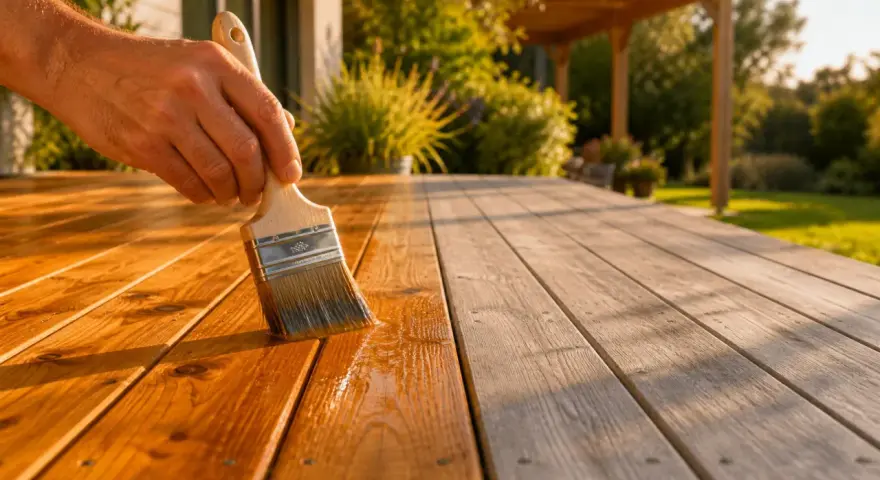 Main d'une personne appliquant un saturateur sur une terrasse en bois. Aide à choisir quel saturateur choisir pour protéger et embellir le bois.