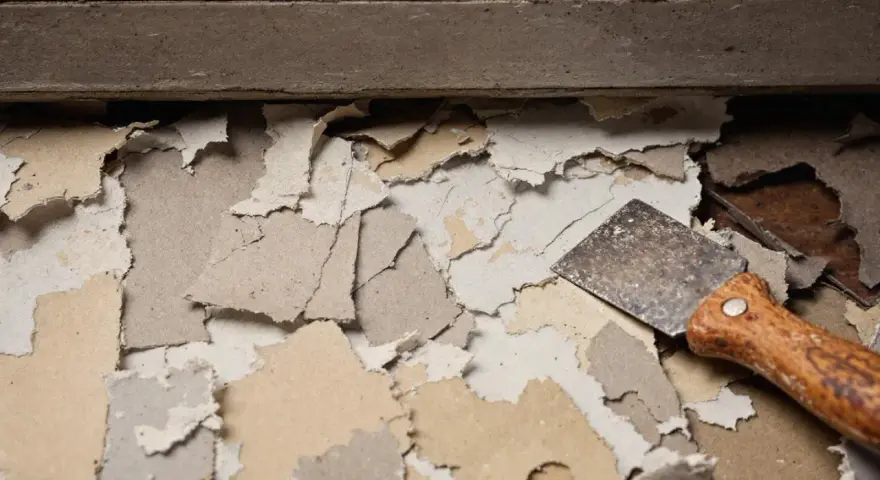 Un grattoir à peinture, avec son manche en bois, est posé sur des morceaux de **peinture qui s'enlève facilement**, révélant le support en dessous.