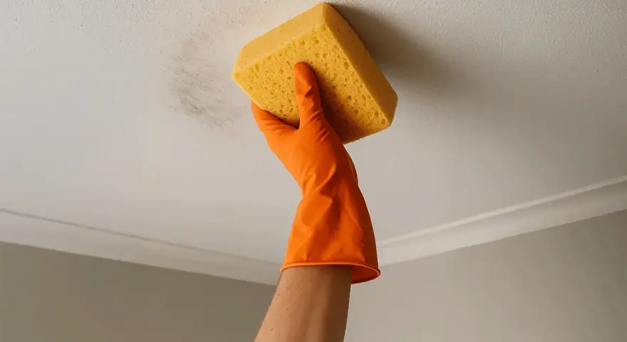 Main tenant nettoie la peinture acrylique au plafond avec une éponge.