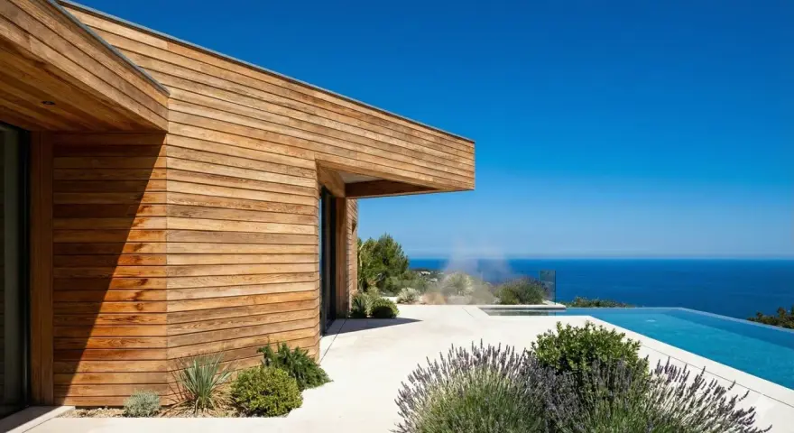 Maison moderne aux parements en bois de douglas ou pin, avec piscine à débordement et vue sur la mer.