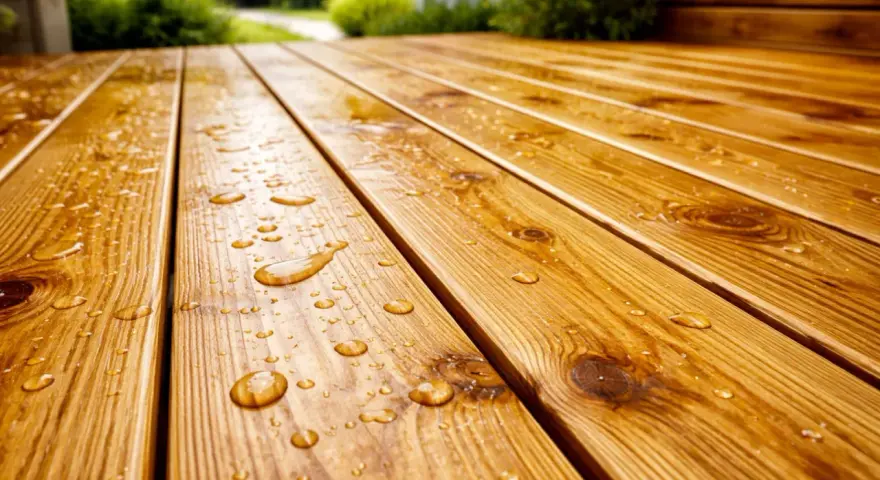 Gouttes d'eau sur une terrasse en bois, preuve de l'efficacité du traitement autoclave bois.