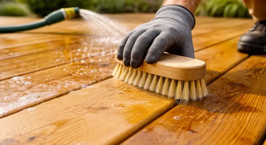 Main tenant avec une brosse et un tuyau d'arrosage pour apprendre comment degriser du bois.