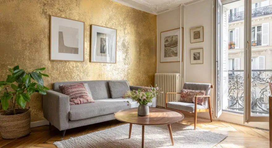 Un salon élégant avec un mur texturé doré, un canapé gris, un fauteuil, une table basse et des tableaux. Une idée pour comment faire du doré avec de la peinture.