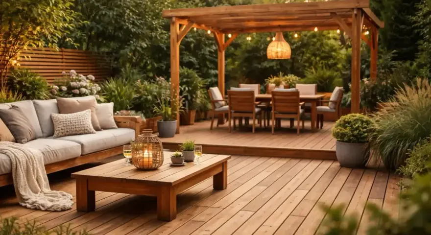 Terrasse en bois massif qualité, salon d'extérieur confortable sous pergola, table à manger et éclairage d'ambiance.