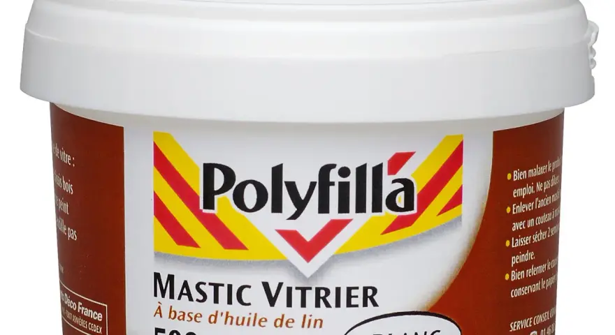 Pot de mastic vitrier Polyfilla blanc 500g, idéal pour accélérer le séchage de vos travaux de vitrerie.