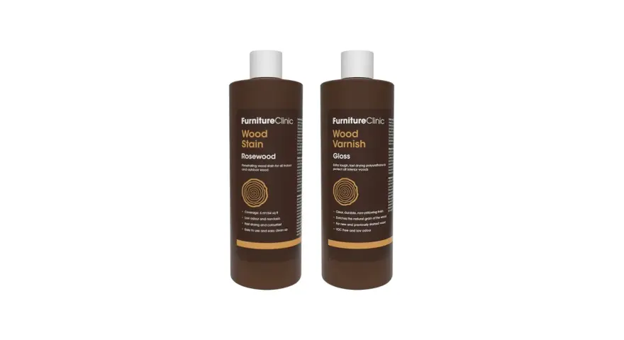 Deux flacons de produits pour bois FurnitureClinic, l'un de teinture "Rosewood" et l'autre de vernis "Gloss", dans une teinte profonde couleur bois de rose foncé.