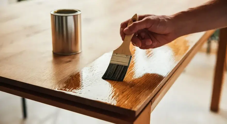 Main d'un artisan appliquant du vernis pour customiser et relooker une table en bois.