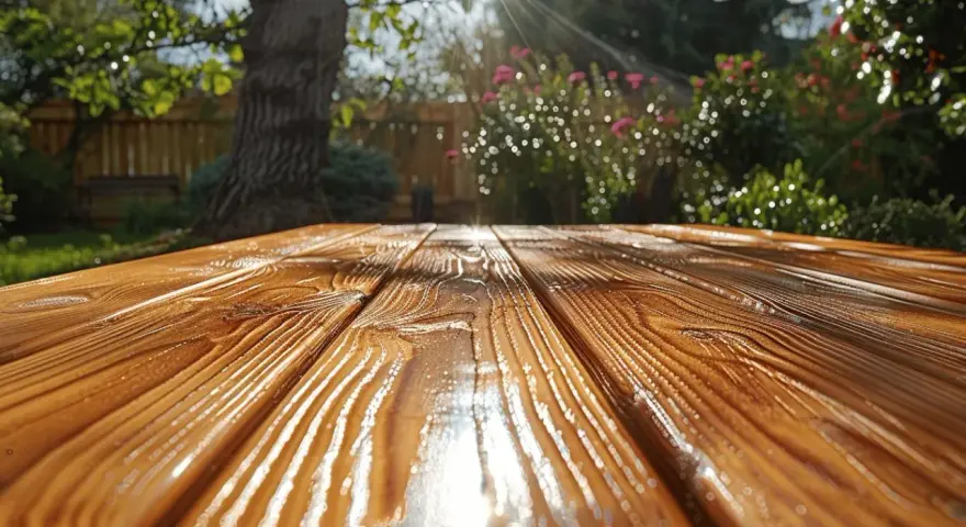 Table en bois fraîchement traitée avec un gel protection bois ou lasure, reflétant le soleil dans un jardin verdoyant.