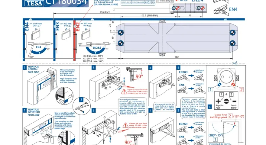 Instructions pour le montage inversé d'un ferme-porte TESA CT180034. Guide visuel des différentes étapes et réglages.