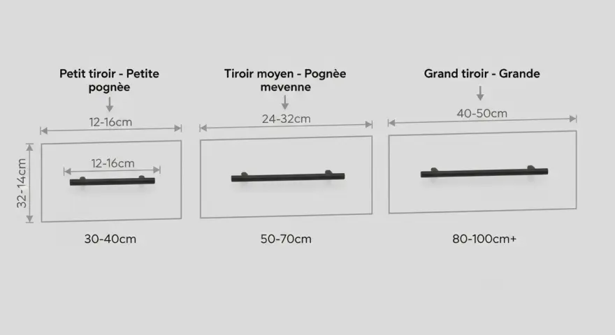 Comparaison de trois types de poignées de porte d'entrée : petite, moyenne et grande, avec leurs dimensions.