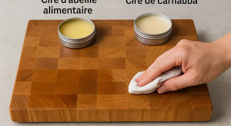 Application de cire d'abeille ou de carnauba sur une planche à découper en bois pour la protéger et la faire briller.
