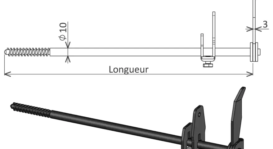 Mécanisme de fermeture de volet avec tige filetée et levier. Le dessin technique indique les dimensions.