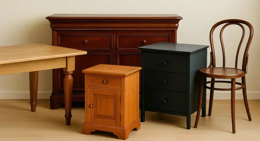 Meuble en bois, une commode sombre, une petite armoire bois miel et une chaise courbée. Idéal pour une rénovation.
