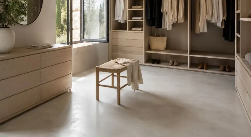 Un dressing lumineux avec un meuble en béton ciré, des vêtements suspendus et un banc en bois.