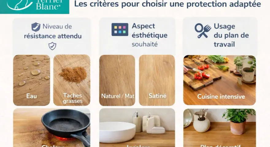 Critères pour un traitement bois brut intérieur : résistance à l'eau, taches, chaleur, aspect naturel ou satiné, usage intensif ou décoratif.