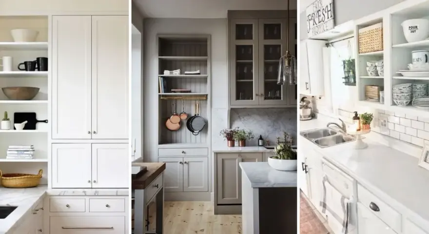 Idées pour relooker porte placard cuisine : cuisines claires avec rangements ouverts et fermés, vaisselle et accessoires décoratifs.