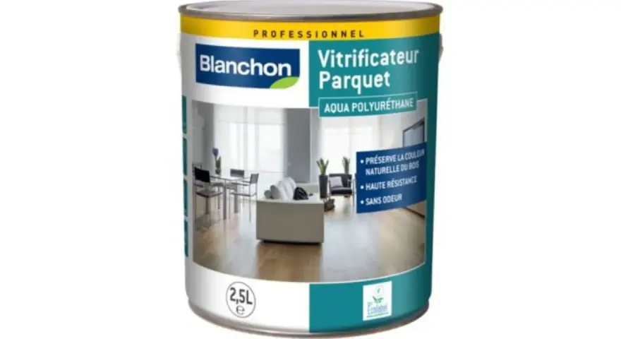 Boîte de vitrificateur parquet Blanchon Aqua Polyuréthane. Idéal pour 2 ou 3 couches de protection durable et sans odeur.
